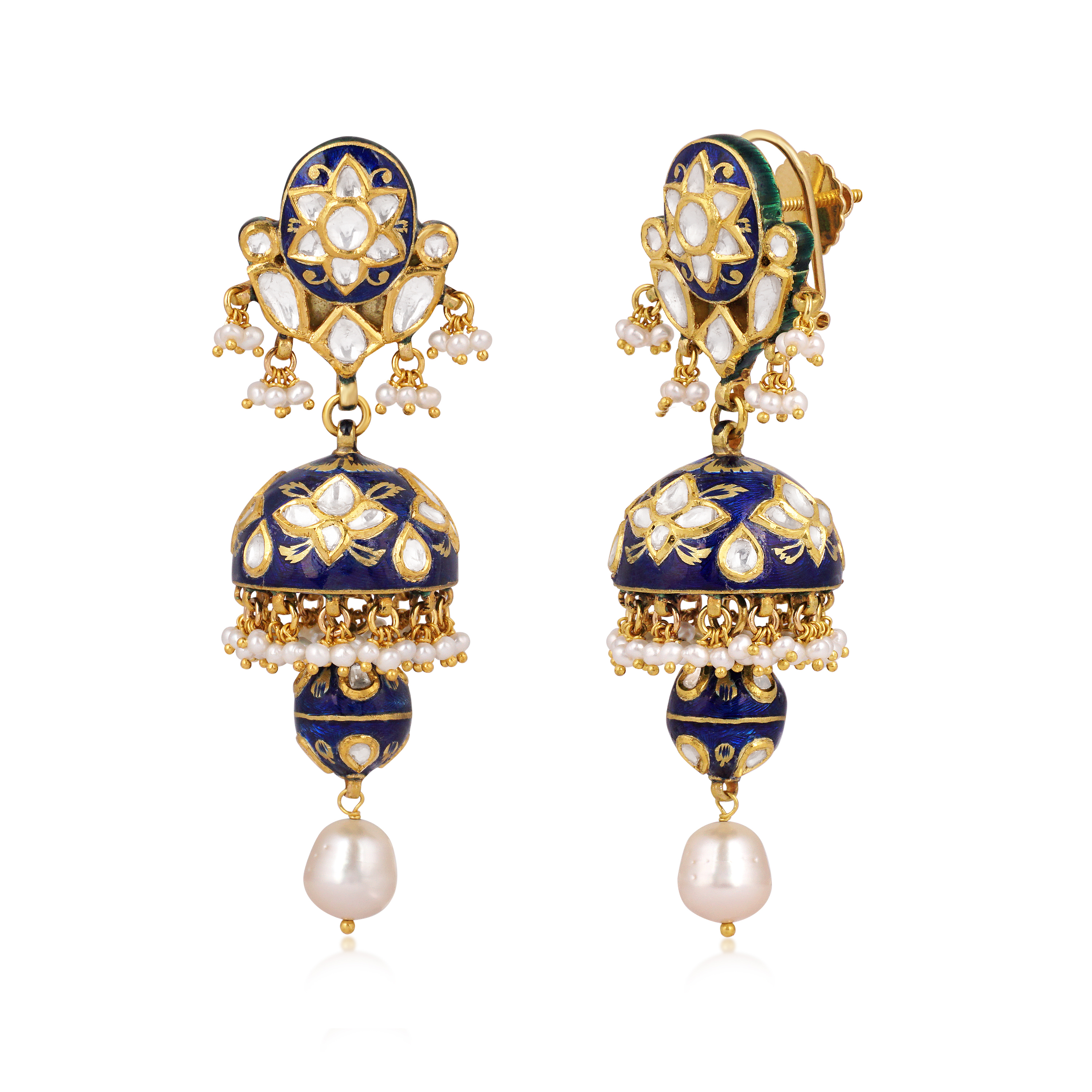 Jhumki Earrings with Blue Enamel, Polki, and Pearls